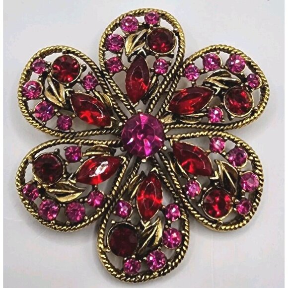 Vintage Weiss Flower Brooch Rhinestones Red, Pink Gold Tone Signed - Picture 1 of 7